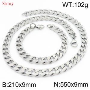 9mm minimalist stainless steel imitation cast chain polished silver bracelet necklace two-piece set - KS220777-Z