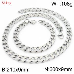 9mm minimalist stainless steel imitation cast chain polished silver bracelet necklace two-piece set - KS220778-Z