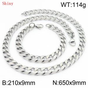 9mm minimalist stainless steel imitation cast chain polished silver bracelet necklace two-piece set - KS220779-Z