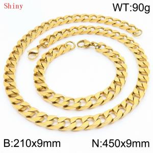 9mm minimalist stainless steel imitation cast chain polished gold-plated bracelet necklace two-piece set - KS220782-Z