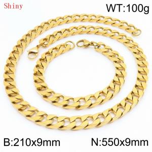 9mm minimalist stainless steel imitation cast chain polished gold-plated bracelet necklace two-piece set - KS220784-Z