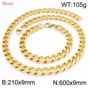 9mm minimalist stainless steel imitation cast chain polished gold-plated bracelet necklace two-piece set - KS220785-Z