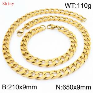 9mm minimalist stainless steel imitation cast chain polished gold-plated bracelet necklace two-piece set - KS220786-Z