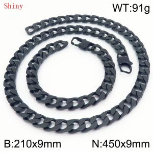 9mm minimalist stainless steel imitation cast chain polished black bracelet necklace two-piece set - KS220789-Z