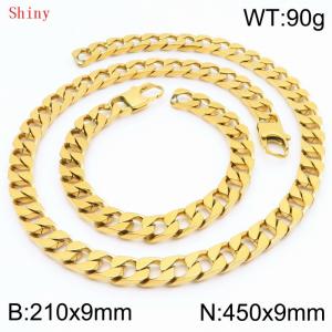 9mm minimalist stainless steel imitation cast chain polished gold-plated bracelet necklace two-piece set - KS220796-Z