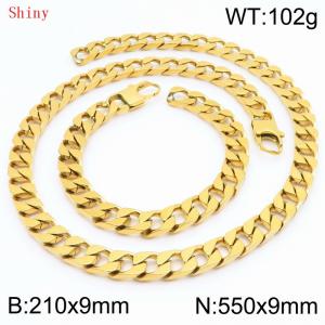 9mm minimalist stainless steel imitation cast chain polished gold-plated bracelet necklace two-piece set - KS220798-Z