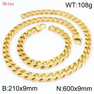 9mm minimalist stainless steel imitation cast chain polished gold-plated bracelet necklace two-piece set - KS220799-Z