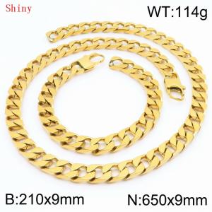 9mm minimalist stainless steel imitation cast chain polished gold-plated bracelet necklace two-piece set - KS220800-Z