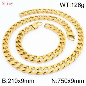 9mm minimalist stainless steel imitation cast chain polished gold-plated bracelet necklace two-piece set - KS220802-Z