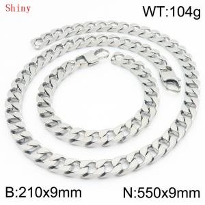 9mm minimalist stainless steel imitation cast chain polished steel color bracelet necklace two-piece set - KS220805-Z