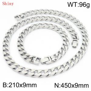 9mm minimalist stainless steel imitation cast chain polished steel color bracelet necklace two-piece set - KS220824-Z