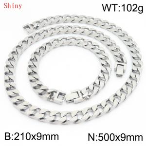 9mm minimalist stainless steel imitation cast chain polished steel color bracelet necklace two-piece set - KS220825-Z