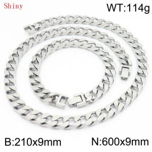 9mm minimalist stainless steel imitation cast chain polished steel color bracelet necklace two-piece set - KS220827-Z