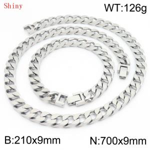 9mm minimalist stainless steel imitation cast chain polished steel color bracelet necklace two-piece set - KS220829-Z