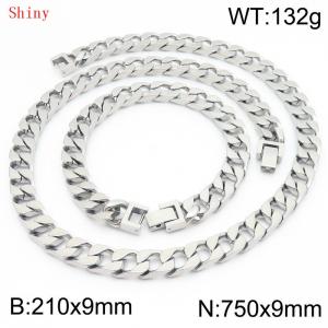 9mm minimalist stainless steel imitation cast chain polished steel color bracelet necklace two-piece set - KS220830-Z