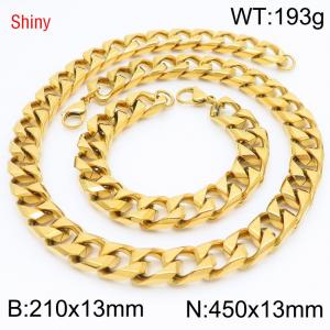 13mm 450mm Stainless Steel Set Cuban Chain Shiny Gold Color Necklace Bracelet - KS220898-Z