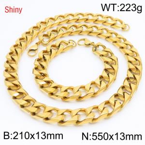 13mm 550mm Stainless Steel Set Cuban Chain Shiny Gold Color Necklace Bracelet - KS220900-Z