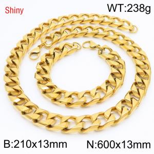 13mm 600mm Stainless Steel Set Cuban Chain Shiny Gold Color Necklace Bracelet - KS220901-Z