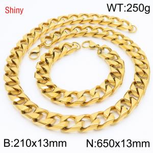 13mm 650mm Stainless Steel Set Cuban Chain Shiny Gold Color Necklace Bracelet - KS220902-Z