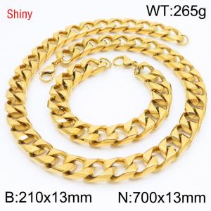 13mm 700mm Stainless Steel Set Cuban Chain Shiny Gold Color Necklace Bracelet - KS220903-Z