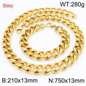 13mm 750mm Stainless Steel Set Cuban Chain Shiny Gold Color Necklace Bracelet - KS220904-Z