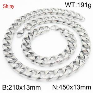 13mm 450mm Stainless Steel Set Cuban Chain Shiny Silver Color Necklace Bracelet - KS220905-Z