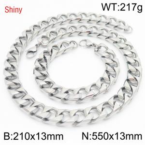 13mm 550mm Stainless Steel Set Cuban Chain Shiny Silver Color Necklace Bracelet - KS220907-Z