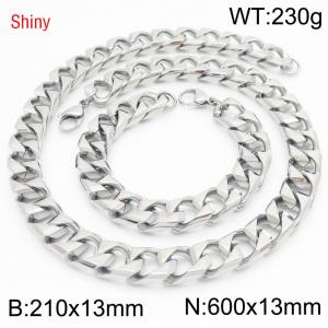 13mm 600mm Stainless Steel Set Cuban Chain Shiny Silver Color Necklace Bracelet - KS220908-Z