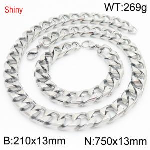 13mm 750mm Stainless Steel Set Cuban Chain Shiny Silver Color Necklace Bracelet - KS220911-Z