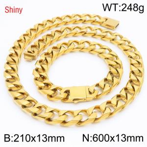 13mm 600mm Stainless Steel Set Cuban Chain Shiny Gold Color Necklace Bracelet - KS220915-Z