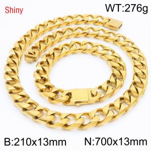 13mm 700mm Stainless Steel Set Cuban Chain Shiny Gold Color Necklace Bracelet - KS220917-Z