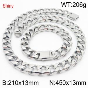 13mm 450mm Stainless Steel Set Cuban Chain Shiny Silver Color Necklace Bracelet - KS220919-Z