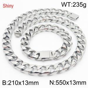 13mm 550mm Stainless Steel Set Cuban Chain Shiny Silver Color Necklace Bracelet - KS220921-Z