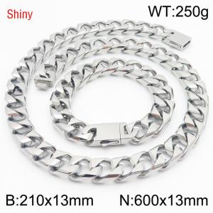 13mm 600mm Stainless Steel Set Cuban Chain Shiny Silver Color Necklace Bracelet - KS220922-Z