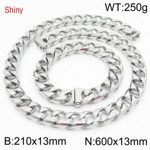 Trendy and fashionable stainless steel 13mm imitation cast chain buckle steel color bracelet necklace two-piece set - KS220936-Z