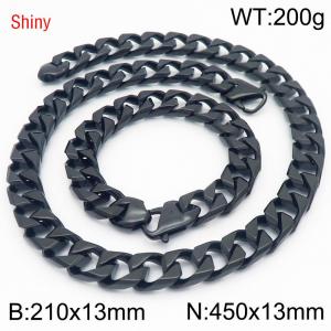 Trendy and fashionable stainless steel 13mm imitation cast chain split type Japanese buckle black bracelet necklace two-piece set - KS220940-Z