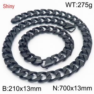 Trendy and fashionable stainless steel 13mm imitation cast chain split type Japanese buckle black bracelet necklace two-piece set - KS220945-Z