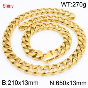 Trendy and fashionable stainless steel 13mm imitation cast chain split type Japanese buckle gold-plated bracelet necklace two-piece set - KS220951-Z