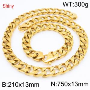 Trendy and fashionable stainless steel 13mm imitation cast chain split type Japanese buckle gold-plated bracelet necklace two-piece set - KS220953-Z