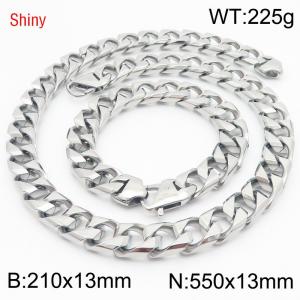 Trendy and fashionable stainless steel 13mm imitation cast chain split type Japanese buckle steel color bracelet necklace two-piece set - KS220956-Z