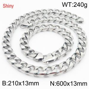 Trendy and fashionable stainless steel 13mm imitation cast chain split type Japanese buckle steel color bracelet necklace two-piece set - KS220957-Z