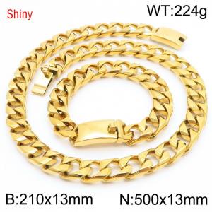 Trendy and fashionable stainless steel 13mm imitation cast chain curved buckle gold bracelet necklace two-piece set - KS220985-Z