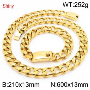 Trendy and fashionable stainless steel 13mm imitation cast chain curved buckle gold bracelet necklace two-piece set - KS220987-Z