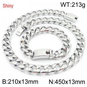 Trendy and fashionable stainless steel 13mm imitation cast chain curved buckle steel color bracelet necklace two-piece set - KS220991-Z