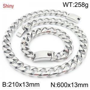 Trendy and fashionable stainless steel 13mm imitation cast chain curved buckle steel color bracelet necklace two-piece set - KS220994-Z