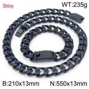 Trendy and fashionable stainless steel 13mm imitation cast chain curved buckle black bracelet necklace two-piece set - KS221000-Z