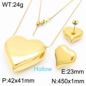 Fashionable Ins style titanium steel large heart hollow pendant necklace earrings two-piece set - KS221036-KFC