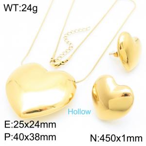 Simple and personalized stainless steel creative three-dimensional heart-shaped pendant jewelry charm gold earrings&necklace 2-piece set - KS221105-KFC