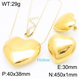 Simple and personalized stainless steel creative three-dimensional heart-shaped pendant jewelry charm gold earrings&necklace 2-piece set - KS221106-KFC