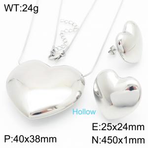 Simple and personalized stainless steel creative three-dimensional heart-shaped pendant jewelry charm silver earrings&necklace 2-piece set - KS221107-KFC